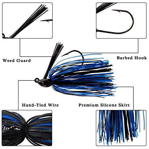 Bass Fishing Jigs Set - 12pcs Weedless Football Jig Flipping Jigs Swim Jigs Rubber Skirted Baits with Weed Guard Fishing Lures Kit