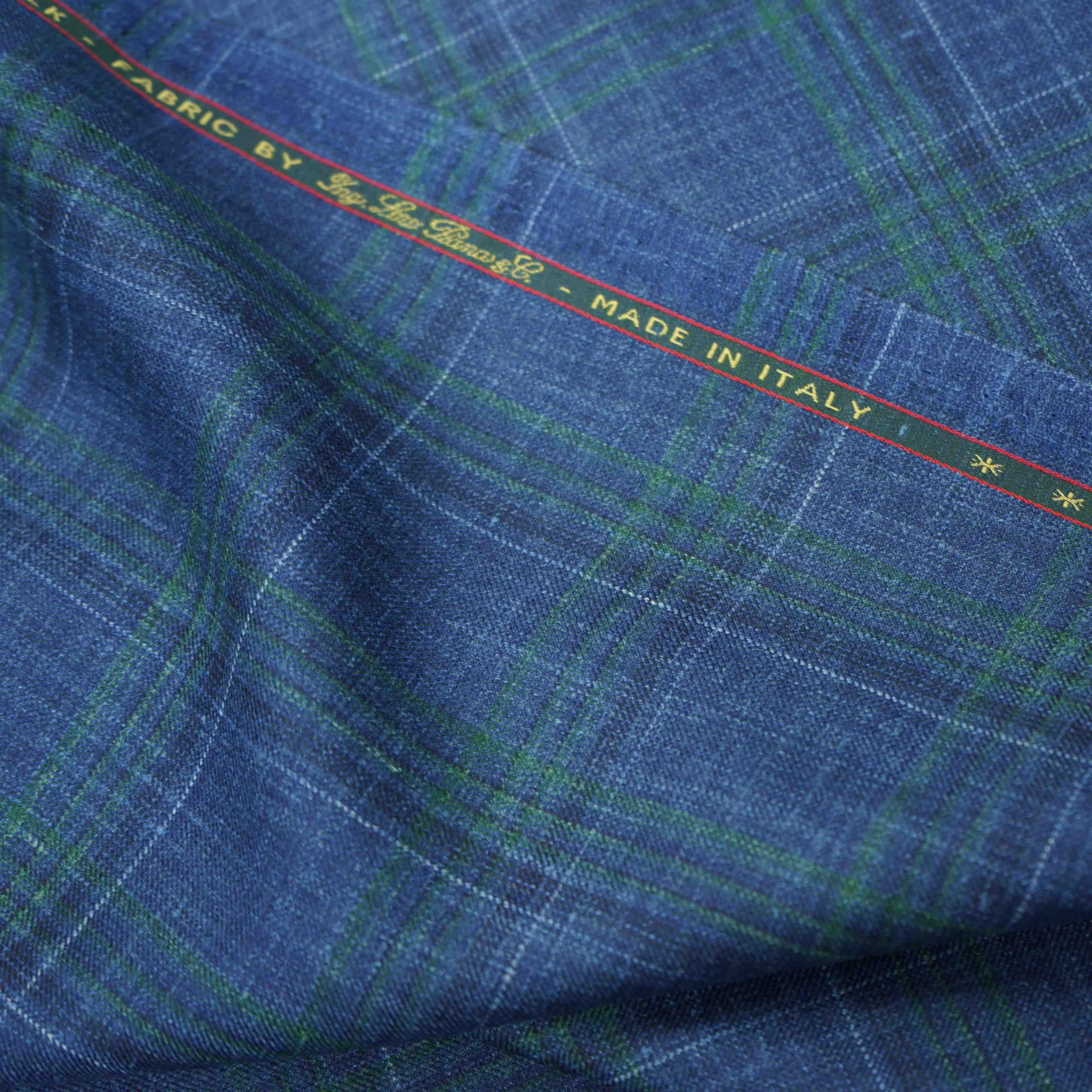 Blue with Green Windowpane Plaid Loro Piana Wool Silk and Linen Summertime Wool Fabric