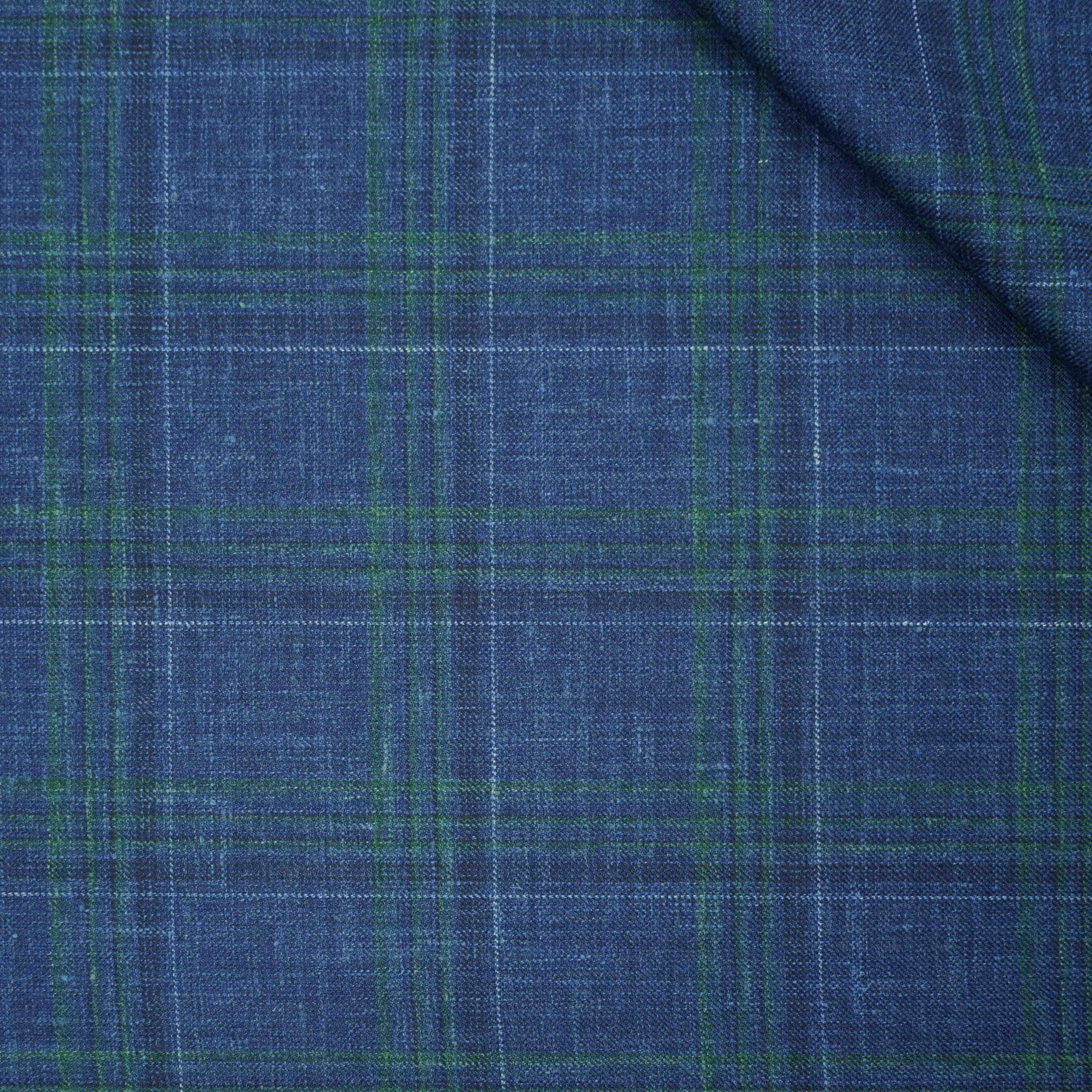 Blue with Green Windowpane Plaid Loro Piana Wool Silk and Linen Summertime Wool Fabric