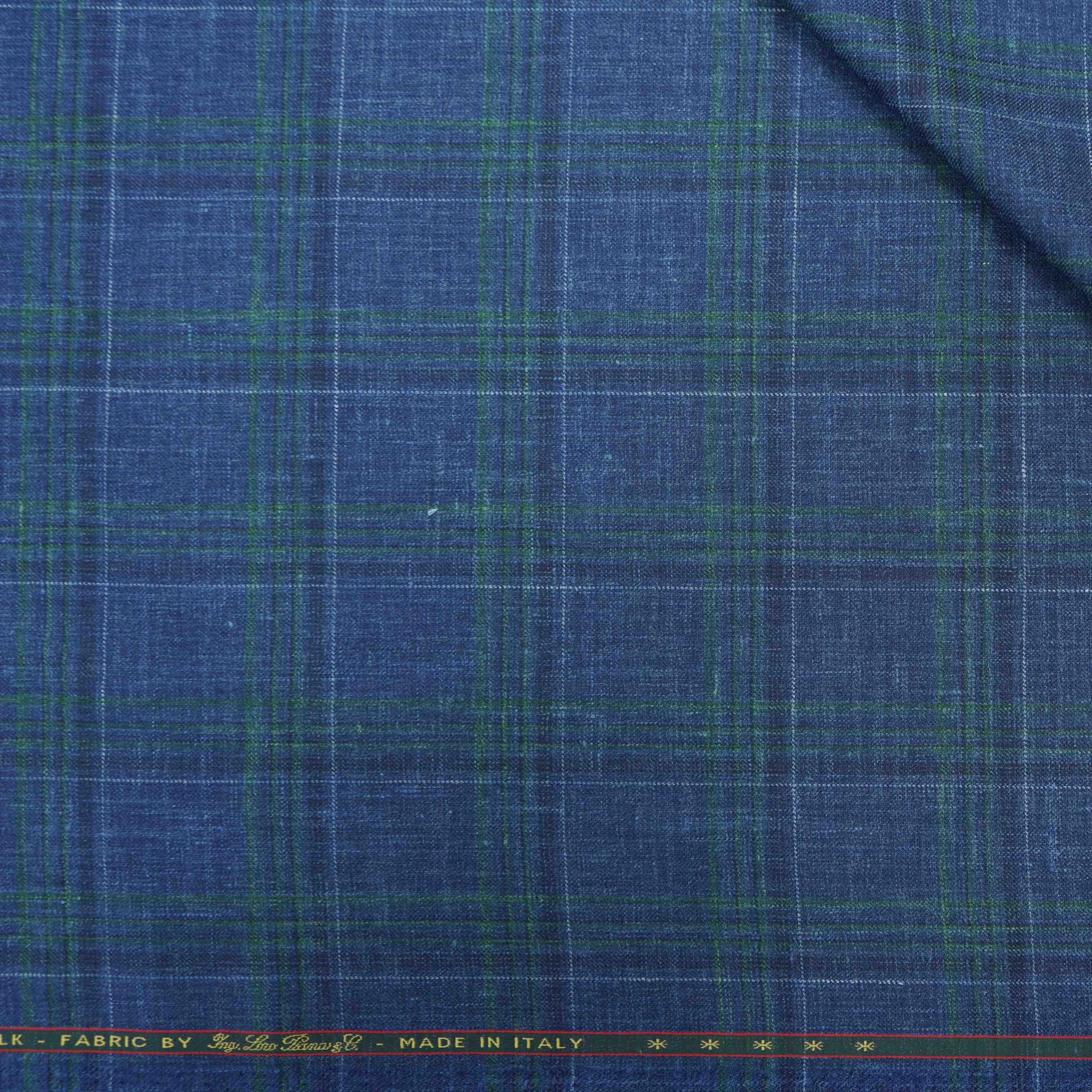 Blue with Green Windowpane Plaid Loro Piana Wool Silk and Linen Summertime Wool Fabric