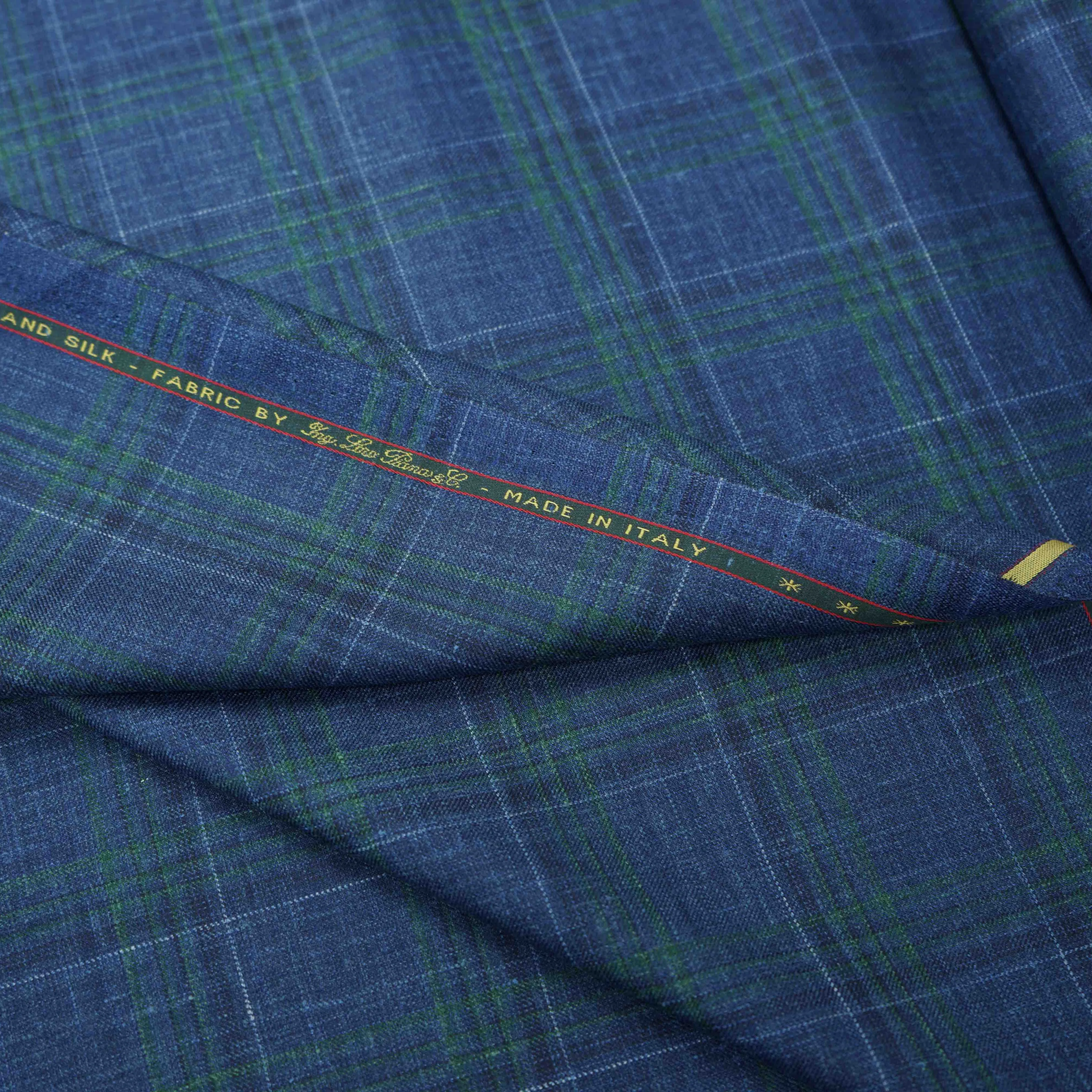 Blue with Green Windowpane Plaid Loro Piana Wool Silk and Linen Summertime Wool Fabric