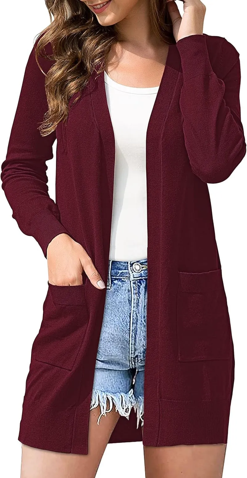 Cardigan Sweaters for Womens Open Front Long Knit with Pockets Wine Red M