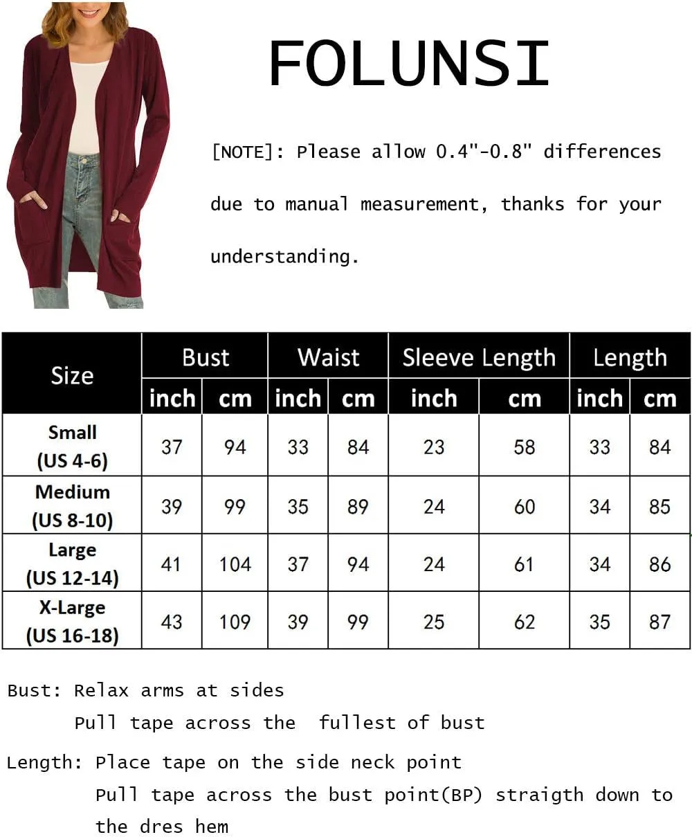 Cardigan Sweaters for Womens Open Front Long Knit with Pockets Wine Red M