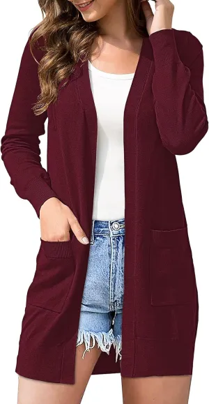 Cardigan Sweaters for Womens Open Front Long Knit with Pockets Wine Red M
