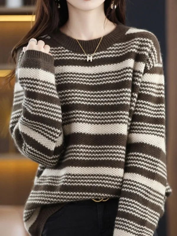Casual Loose Long Sleeves Striped Round-Neck Sweater Tops