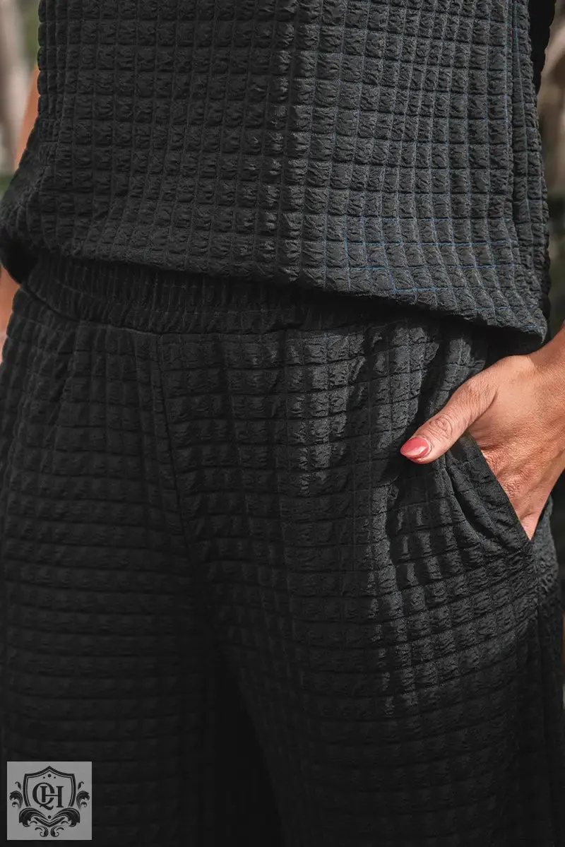 Color black Textured Knit Cap Sleeve T Shirt and Wide Leg Pants Set