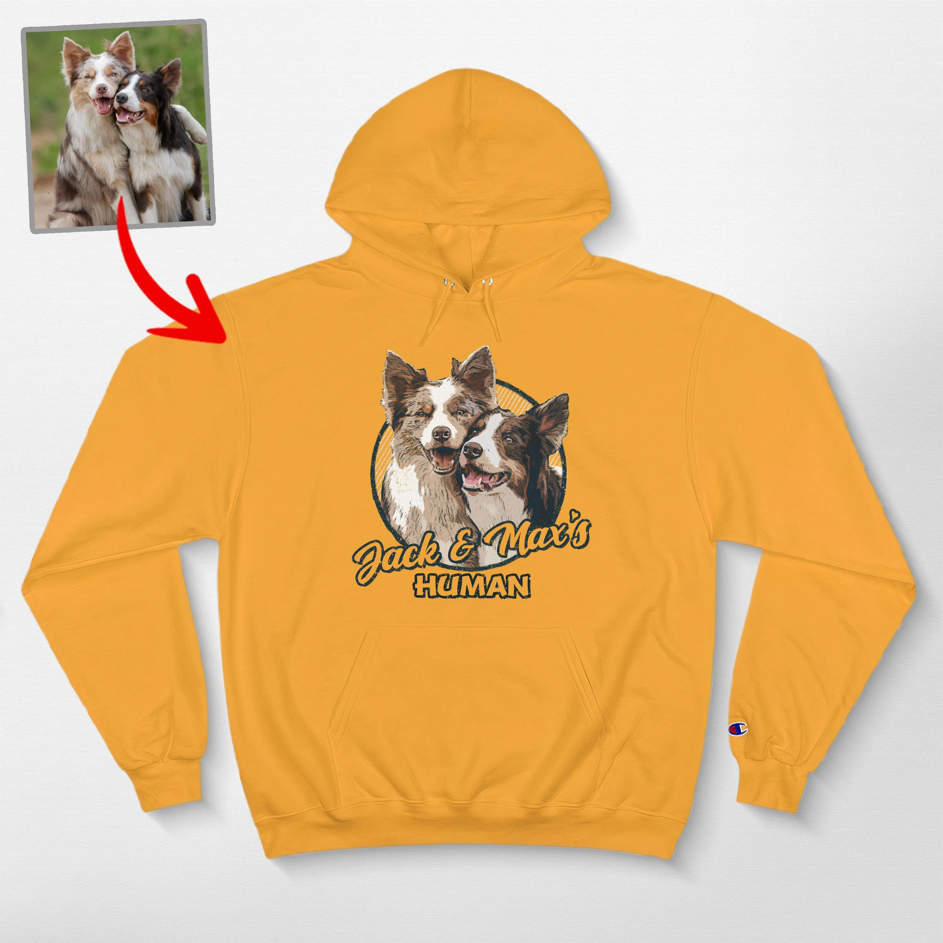 Custom Dog Portrait Champion Hoodie for Dog Moms, Dads, and Lovers