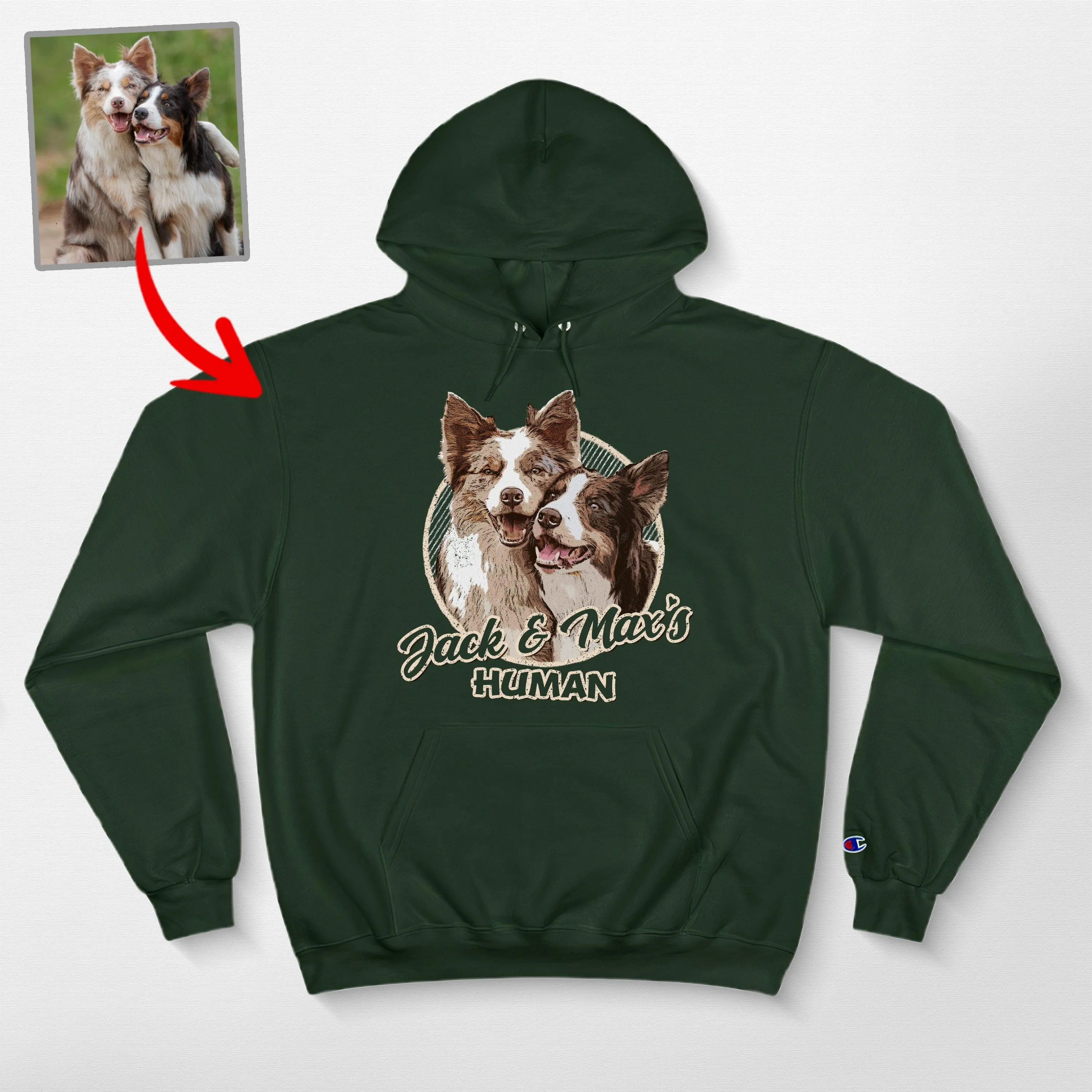 Custom Dog Portrait Champion Hoodie for Dog Moms, Dads, and Lovers