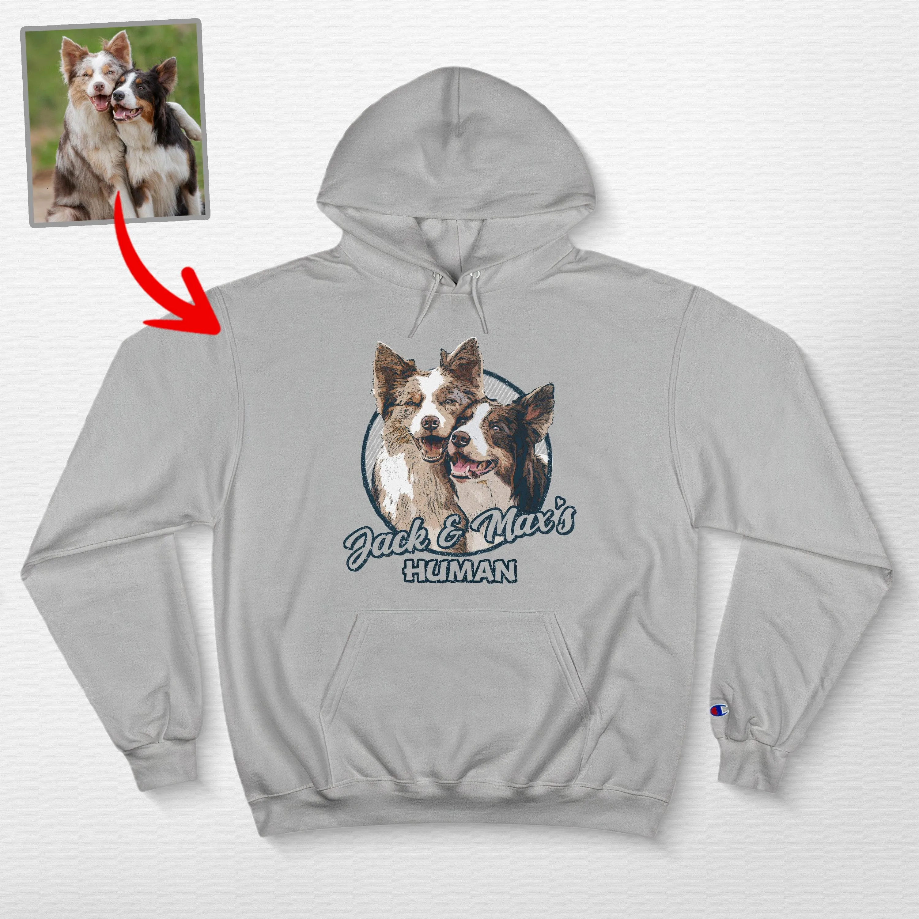 Custom Dog Portrait Champion Hoodie for Dog Moms, Dads, and Lovers