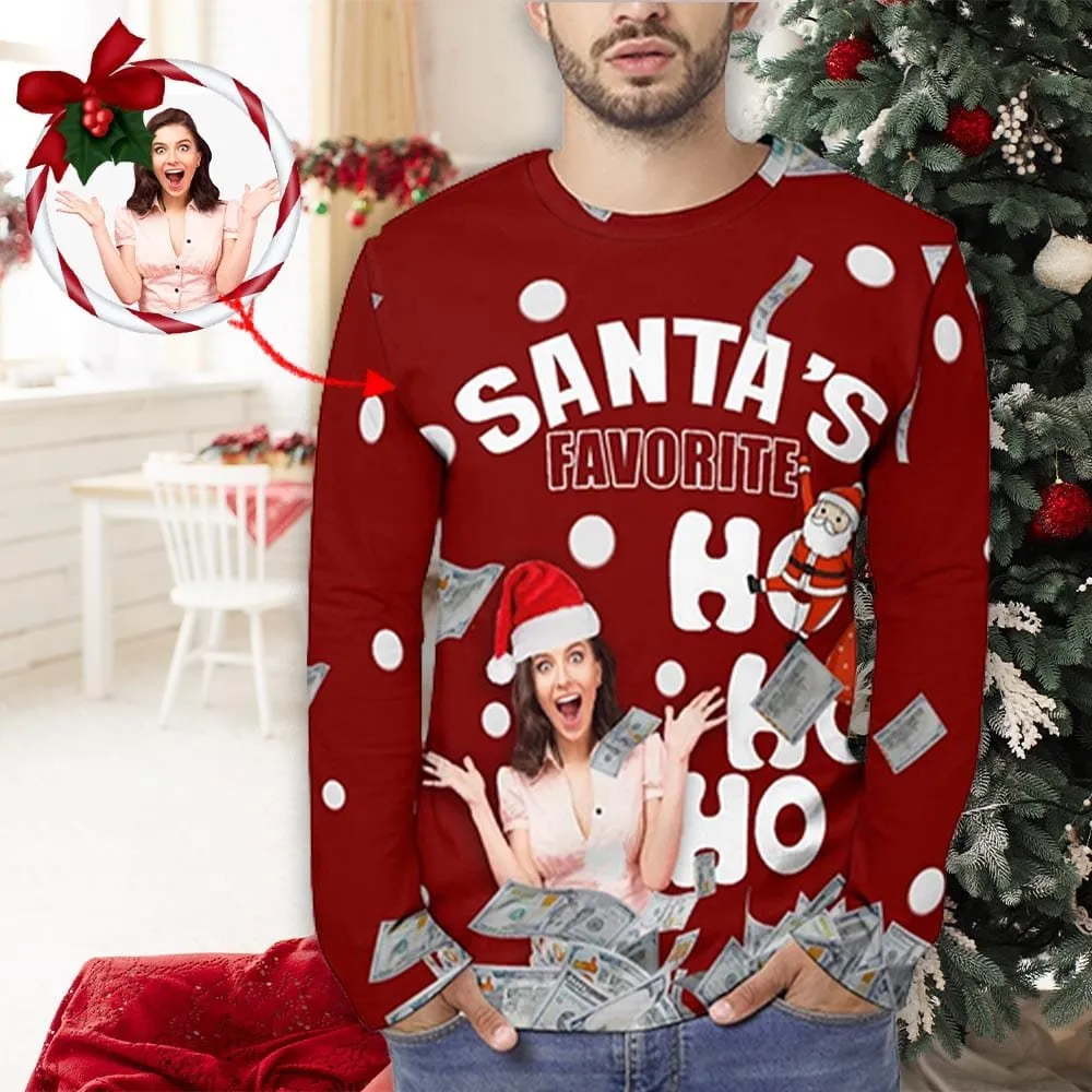 Custom Face Full Print Long Sleeve T-Shirt with Santa Claus Banknote Red Create Your Own Personalized Couple All Over Print T-shirt