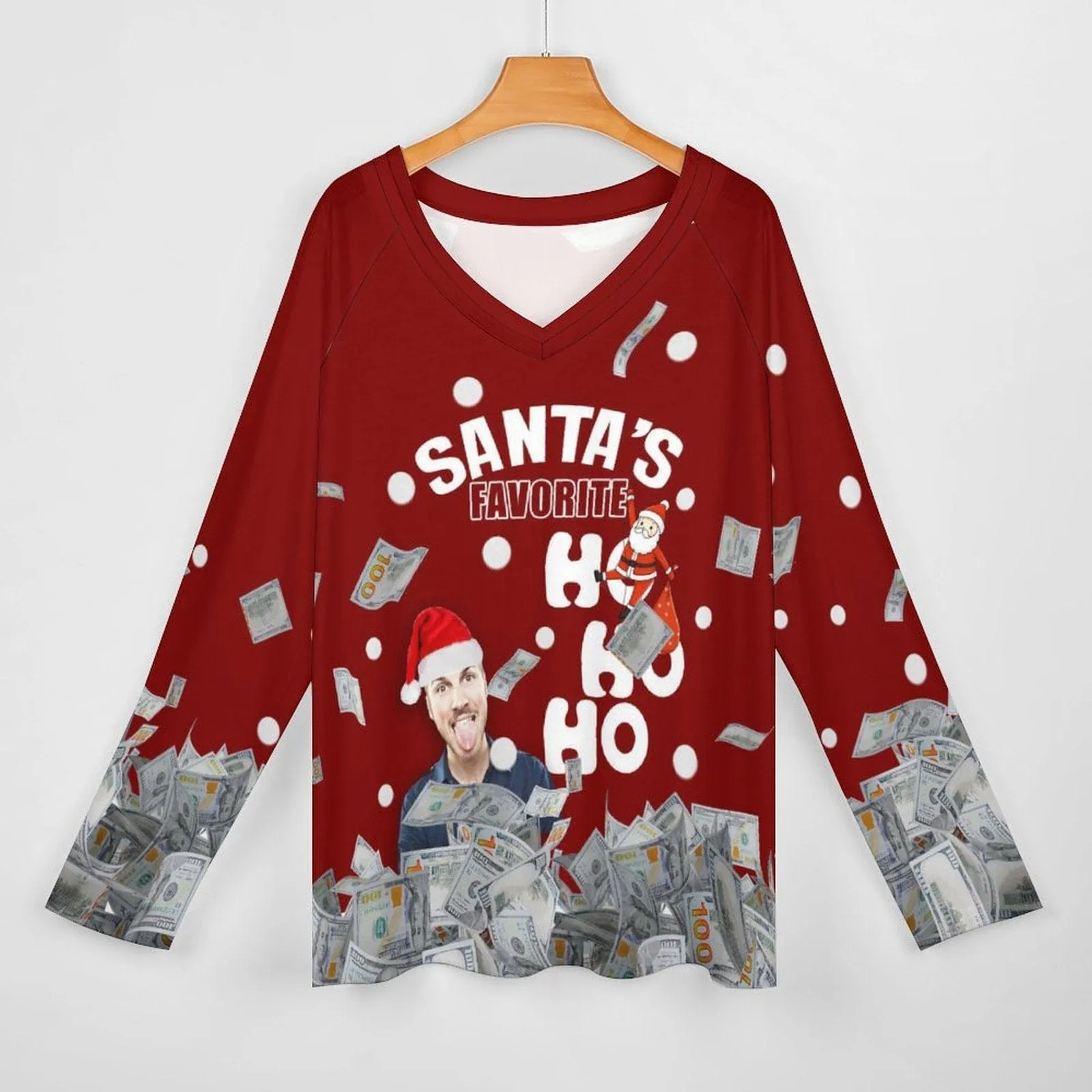 Custom Face Full Print Long Sleeve T-Shirt with Santa Claus Banknote Red Create Your Own Personalized Couple All Over Print T-shirt