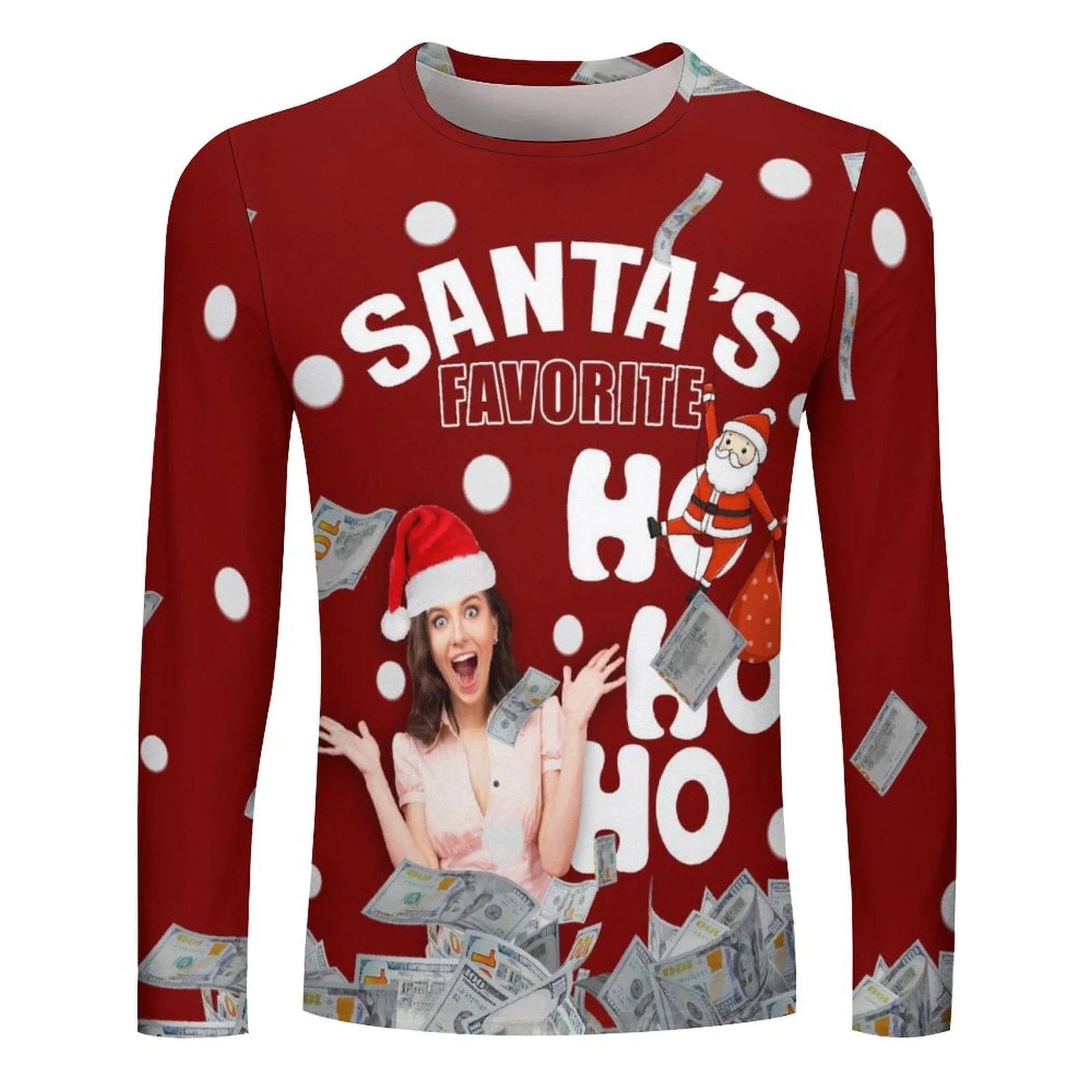 Custom Face Full Print Long Sleeve T-Shirt with Santa Claus Banknote Red Create Your Own Personalized Couple All Over Print T-shirt