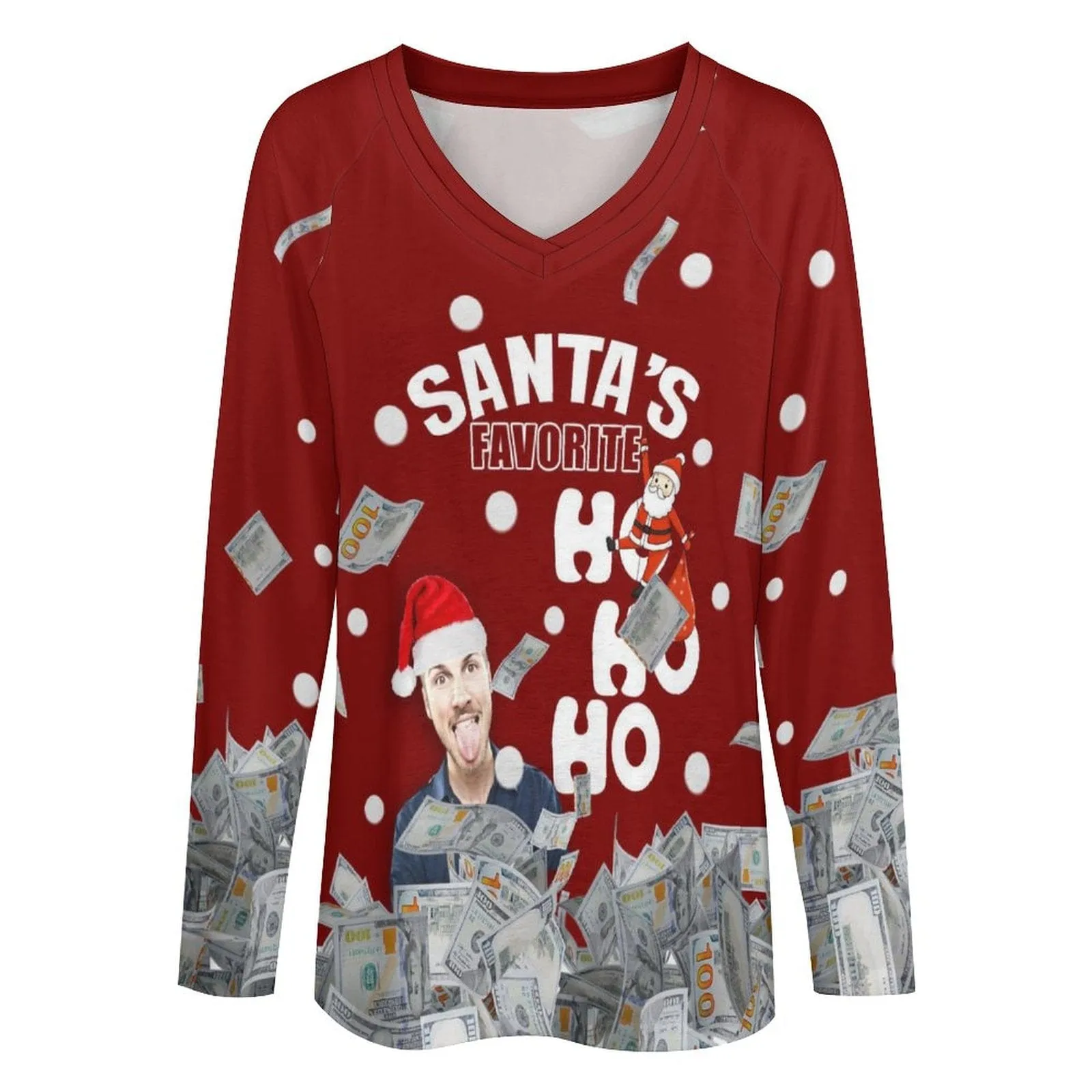 Custom Face Full Print Long Sleeve T-Shirt with Santa Claus Banknote Red Create Your Own Personalized Couple All Over Print T-shirt