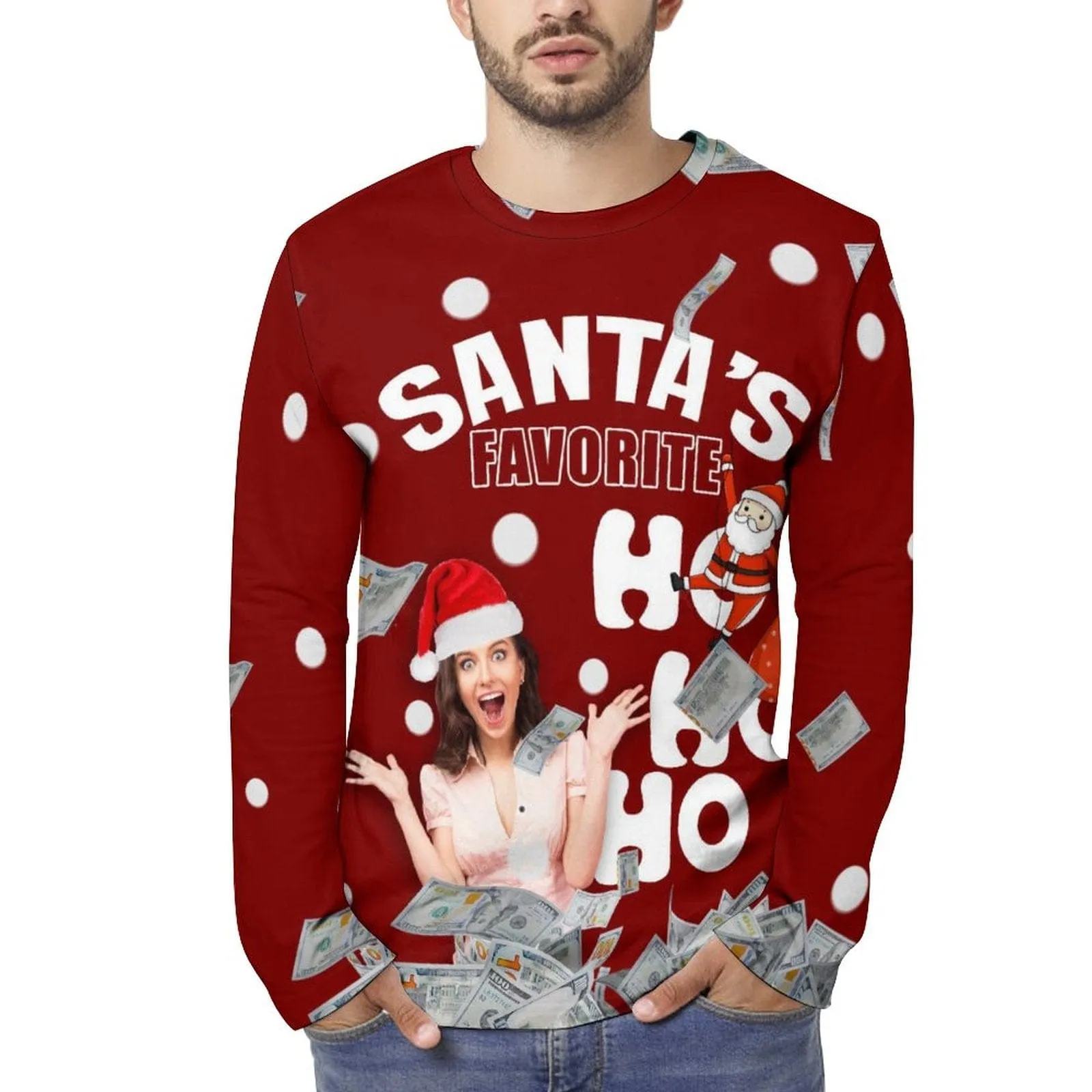 Custom Face Full Print Long Sleeve T-Shirt with Santa Claus Banknote Red Create Your Own Personalized Couple All Over Print T-shirt