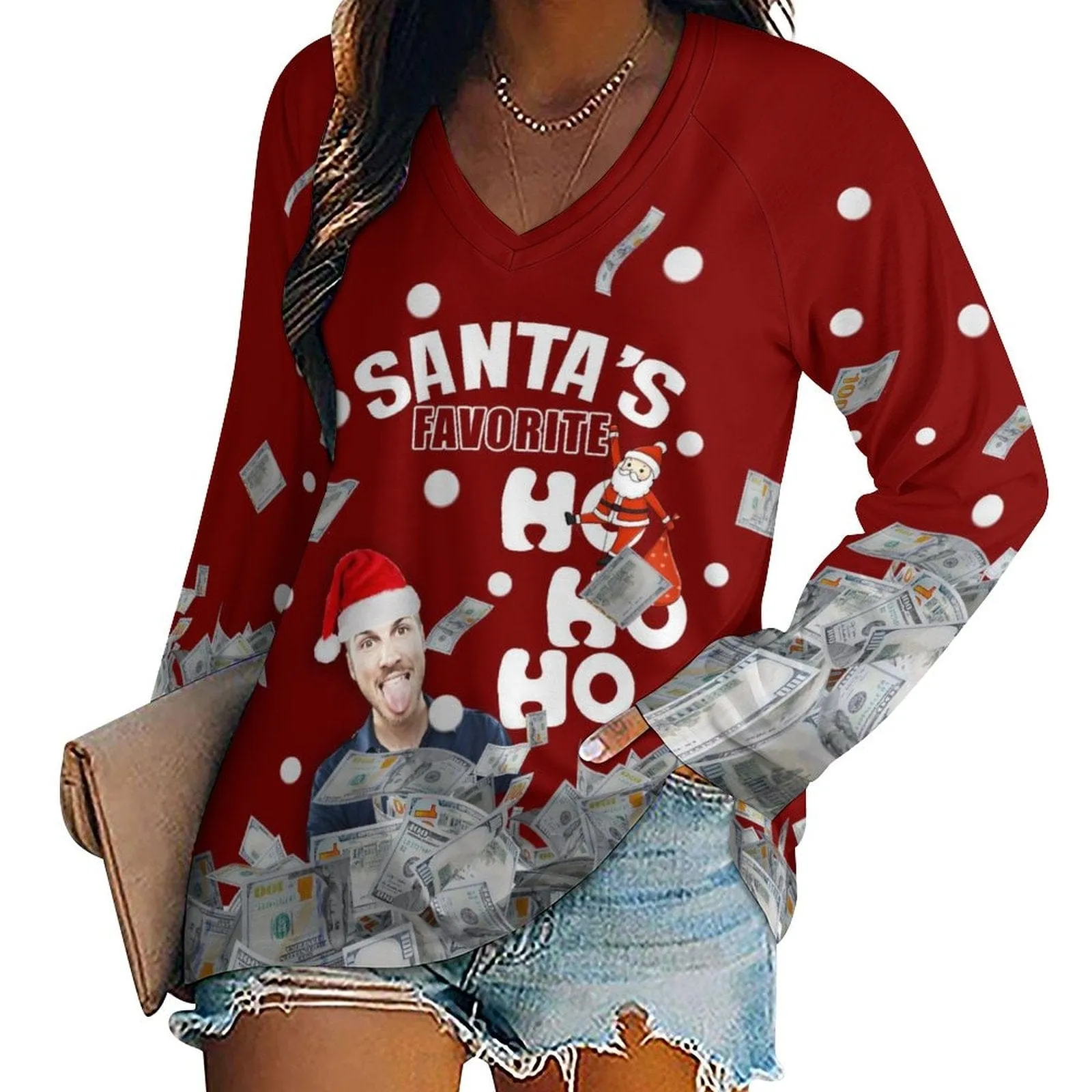 Custom Face Full Print Long Sleeve T-Shirt with Santa Claus Banknote Red Create Your Own Personalized Couple All Over Print T-shirt