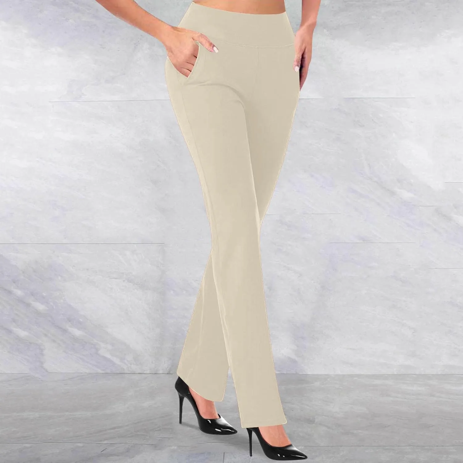 Dress Pants for Women Casual High Waisted Business Stretch Work Trouser Solid Elasticated Waist Bootcut Suit Pant with Pocket