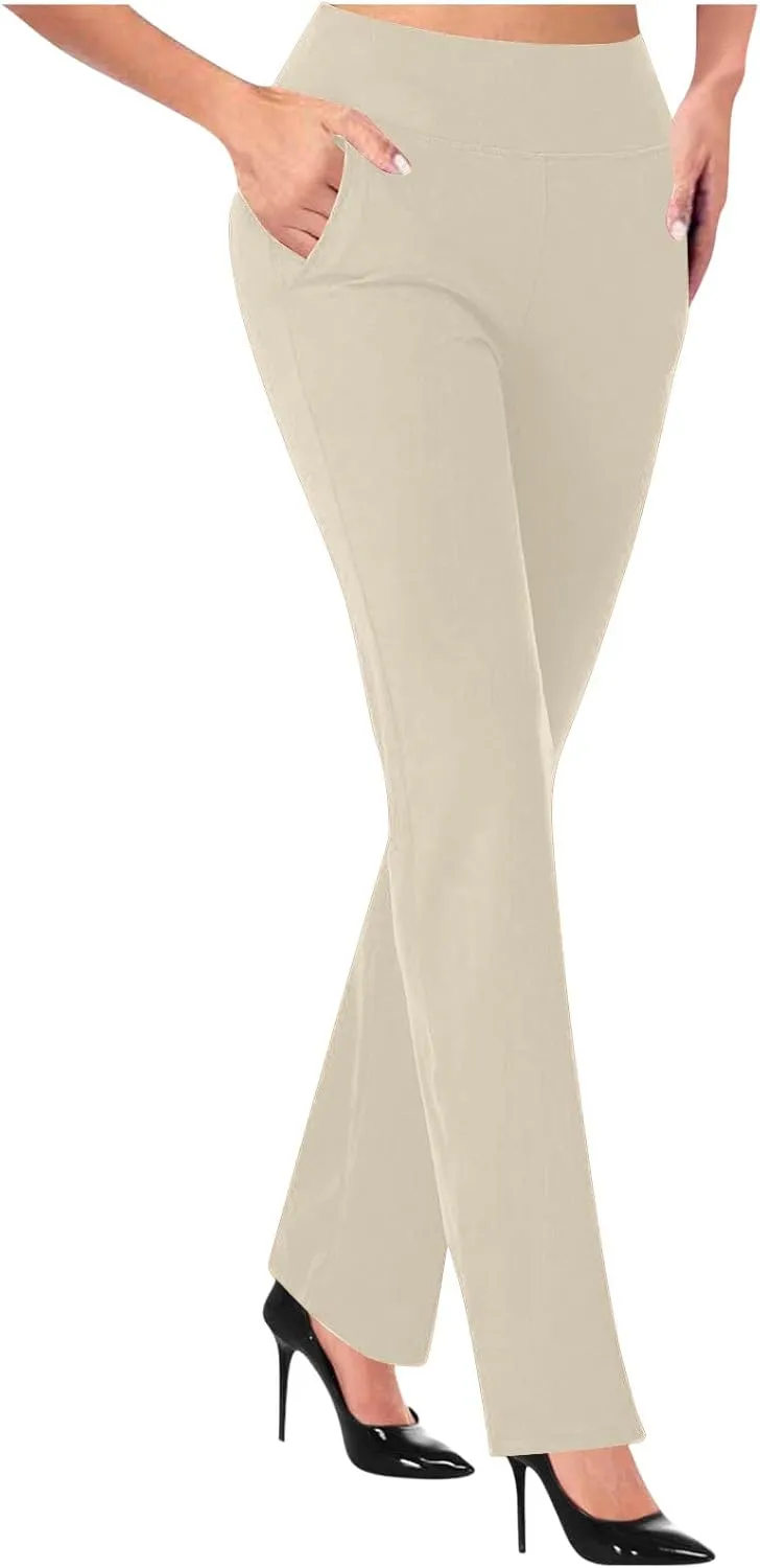 Dress Pants for Women Casual High Waisted Business Stretch Work Trouser Solid Elasticated Waist Bootcut Suit Pant with Pocket