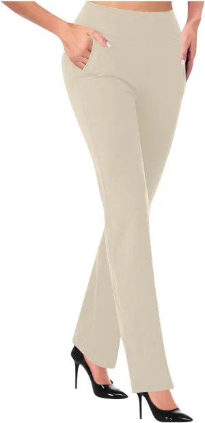 Dress Pants for Women Casual High Waisted Business Stretch Work Trouser Solid Elasticated Waist Bootcut Suit Pant with Pocket