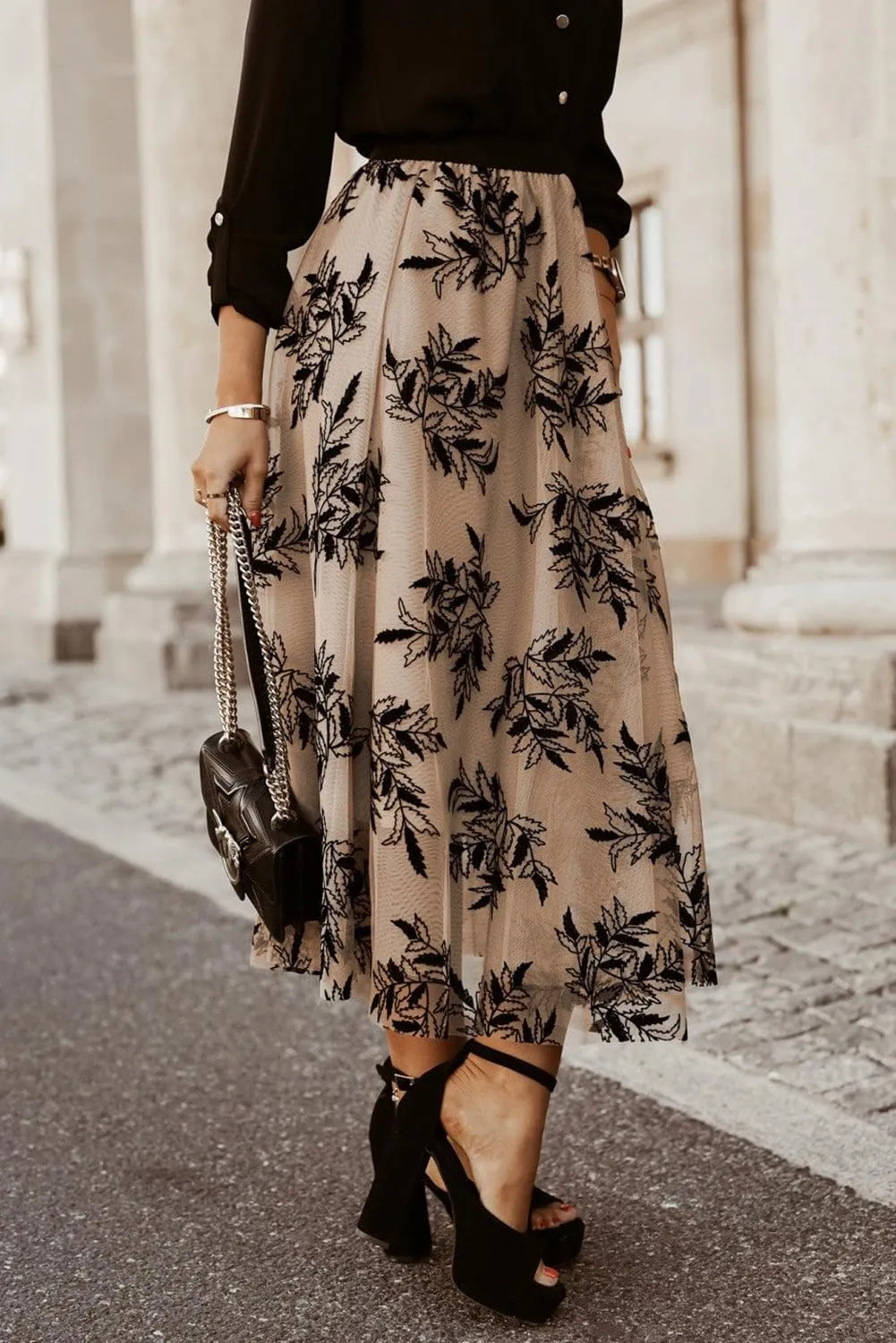 FASHION JUNKY Apricot Floral Leaves Embroidered High Waist Maxi Skirt