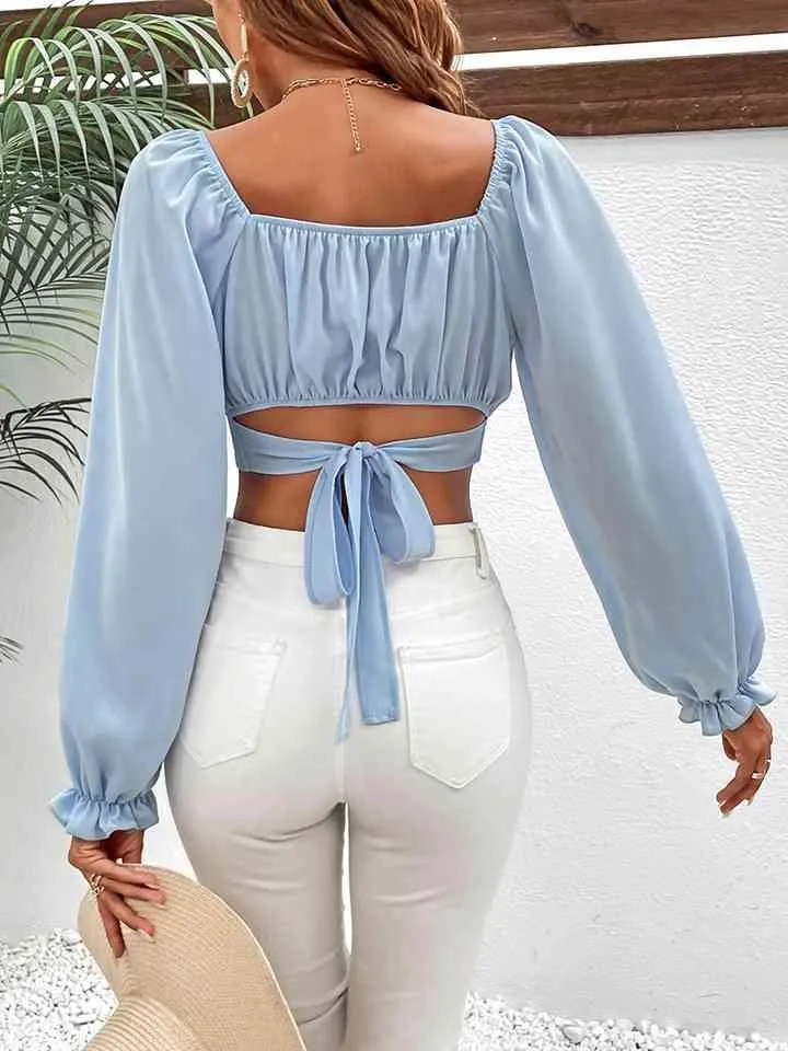 Flirty And Trendy Tie Back Balloon Sleeve Crop Top
