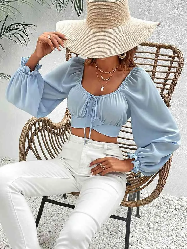 Flirty And Trendy Tie Back Balloon Sleeve Crop Top