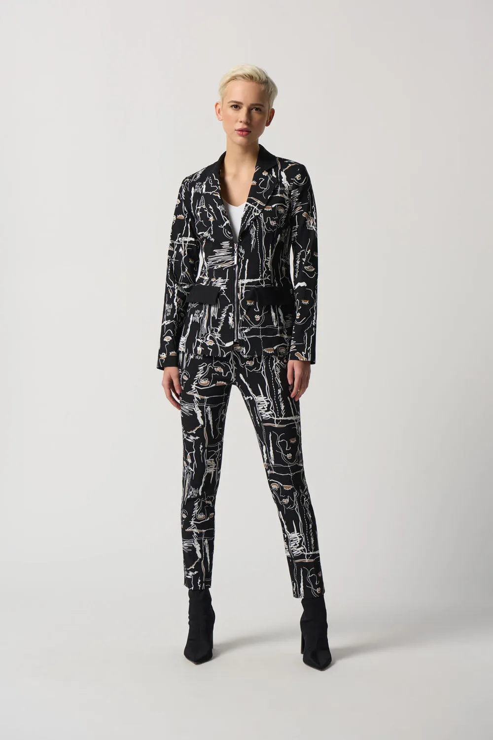 Joseph Ribkoff Black/Multi Fitted Patterned Zipper Blazer Style 233013