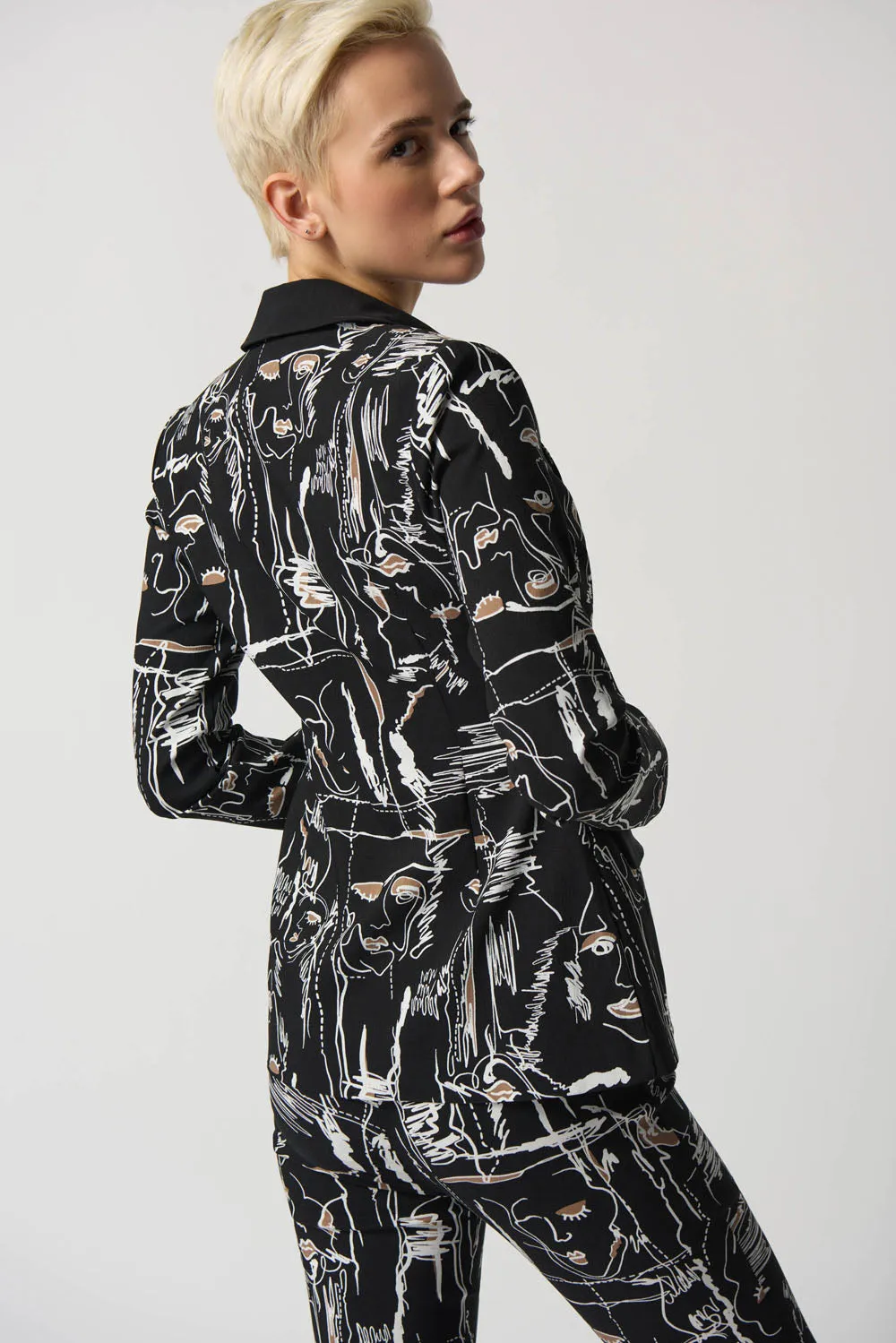 Joseph Ribkoff Black/Multi Fitted Patterned Zipper Blazer Style 233013