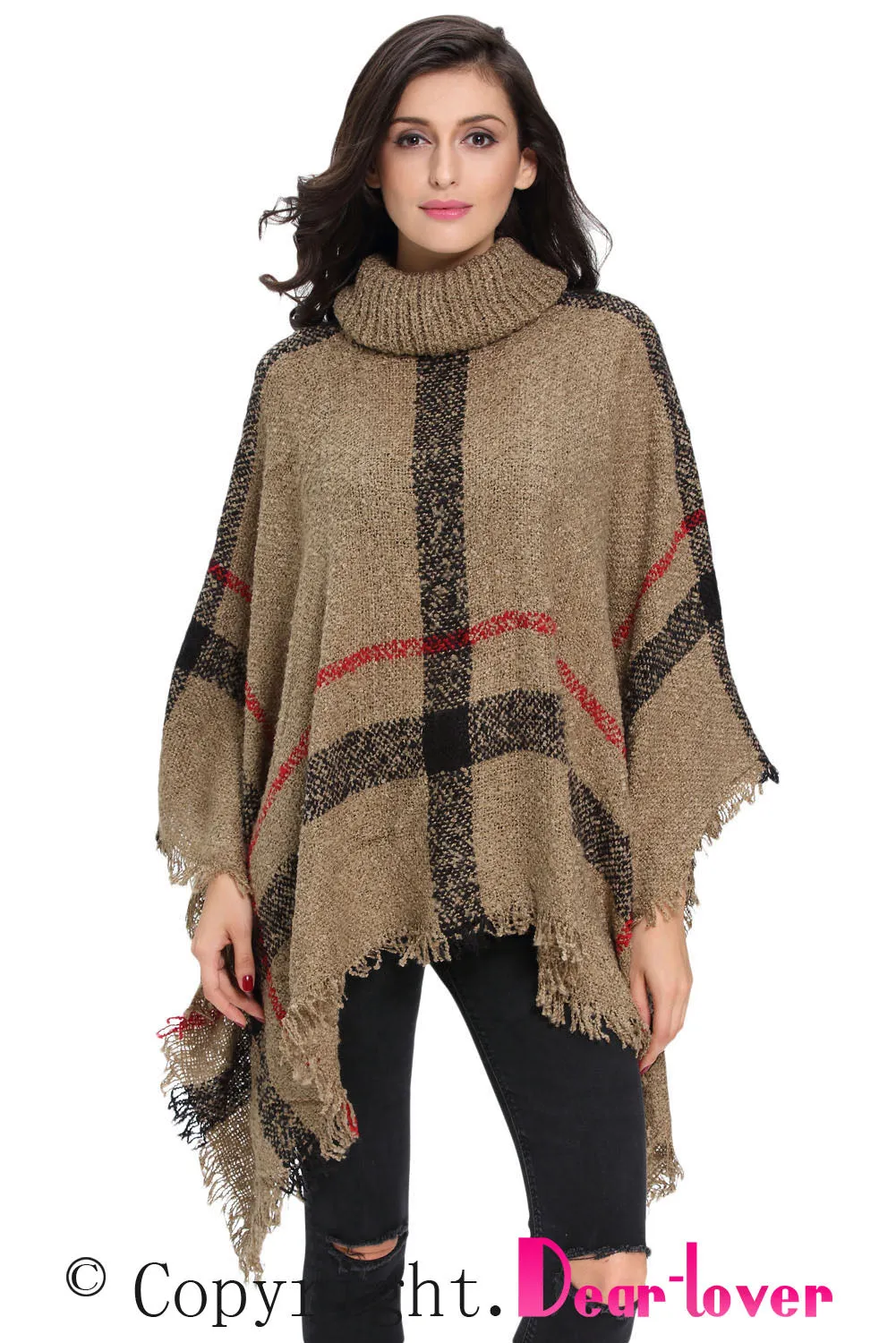 Khaki Turtleneck Tassel Cape Sweater