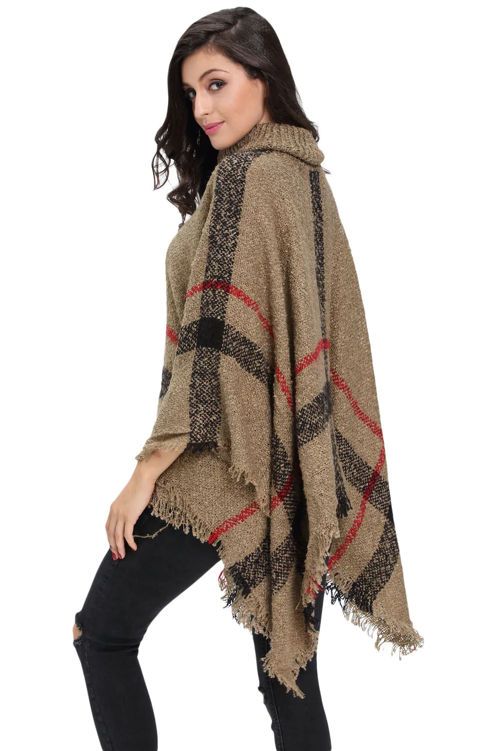 Khaki Turtleneck Tassel Cape Sweater