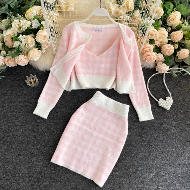 Knit Plaid Cardigans   Camisole   Skirts 3pcs Sets Girl