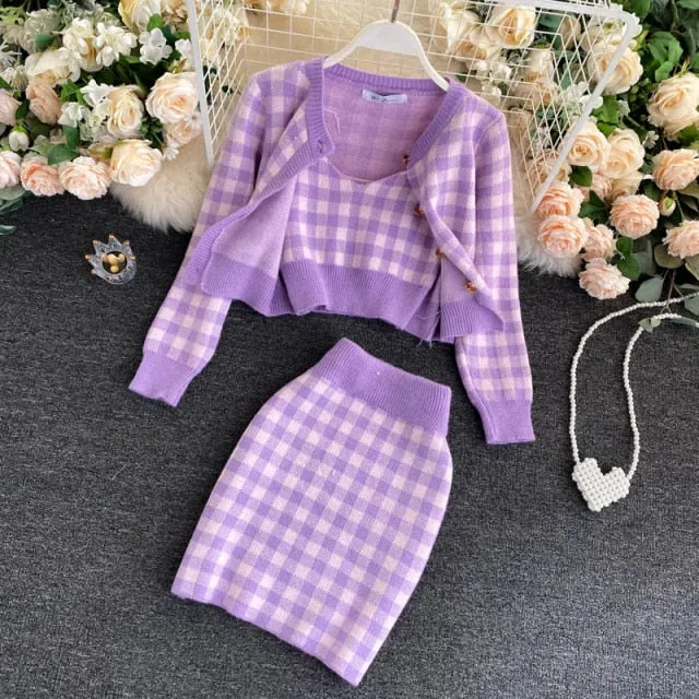 Knit Plaid Cardigans   Camisole   Skirts 3pcs Sets Girl