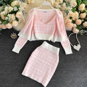 Knit Plaid Cardigans   Camisole   Skirts 3pcs Sets Girl