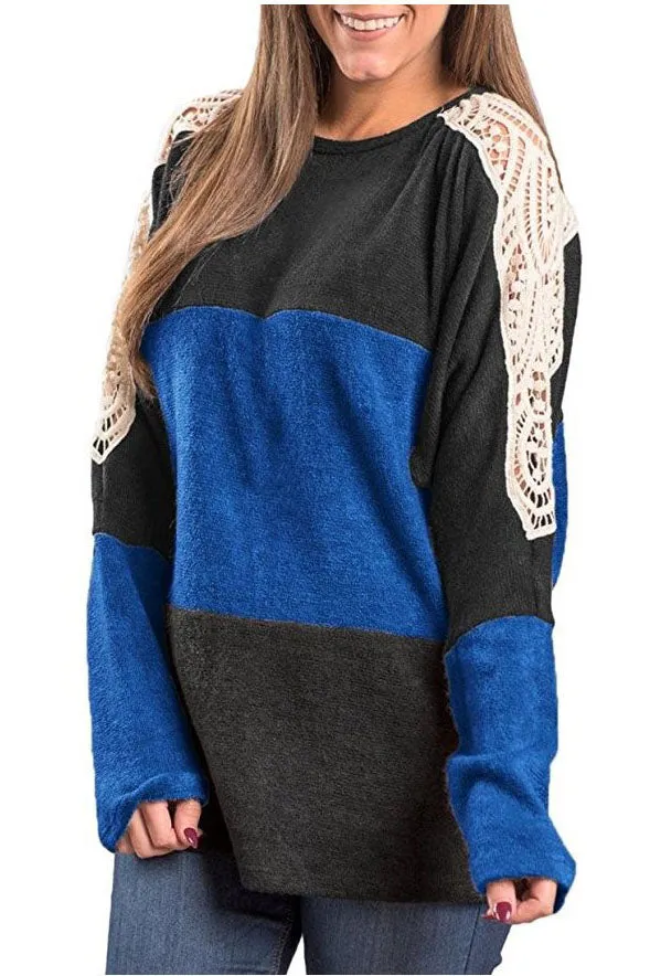Loose Color Block Lace Patchwork Long Sleeves T-shirt