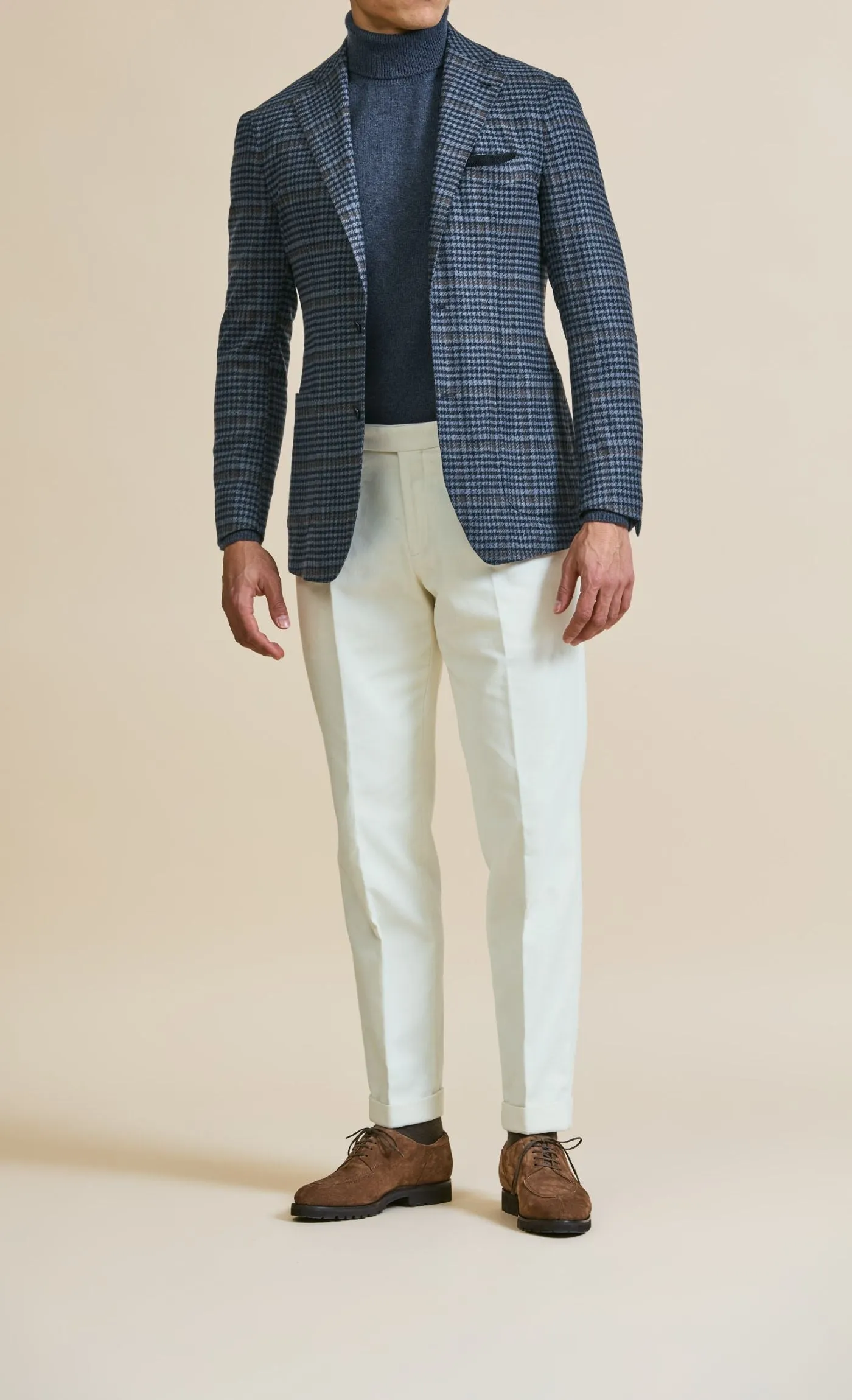 Loro Piana Wish Two Blue S170 Merino Wool & Cashmere Houndstooth with Brown Overcheck