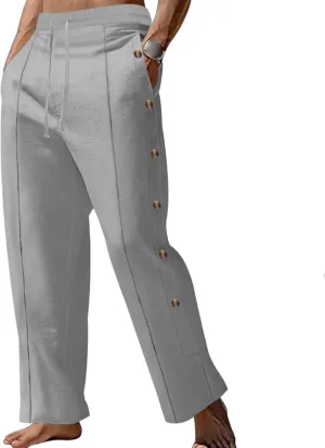 Mens Cotton Linen Trousers Button Elastic Waist Drawstring Casual Trendy Breathable Summer Beach Pants with Pockets