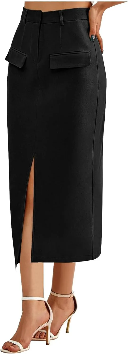 Office Work Split Pencil Skirt for Women Cotton High Waist Slim Bodycon Hip Hugging Skirt Maxi Long Pencil Skirts