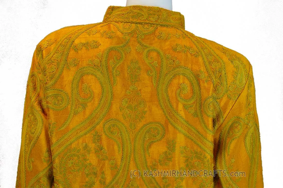 Orange Gold Silk Jacket Dinner Paisley Evening Dress Coat Hand Embroidered Kashmir