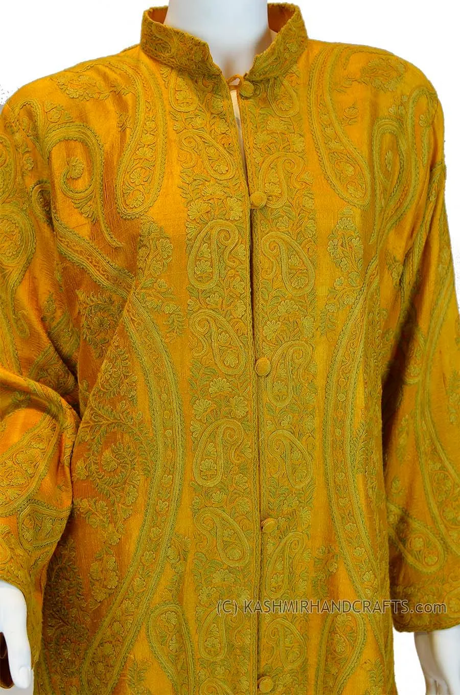 Orange Gold Silk Jacket Dinner Paisley Evening Dress Coat Hand Embroidered Kashmir
