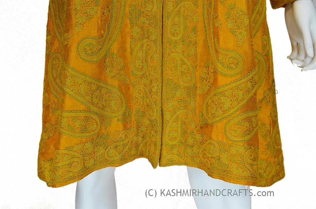 Orange Gold Silk Jacket Dinner Paisley Evening Dress Coat Hand Embroidered Kashmir