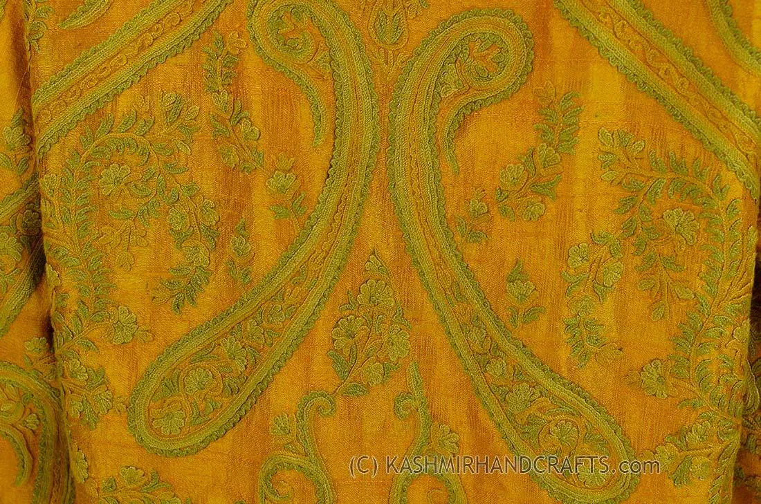 Orange Gold Silk Jacket Dinner Paisley Evening Dress Coat Hand Embroidered Kashmir
