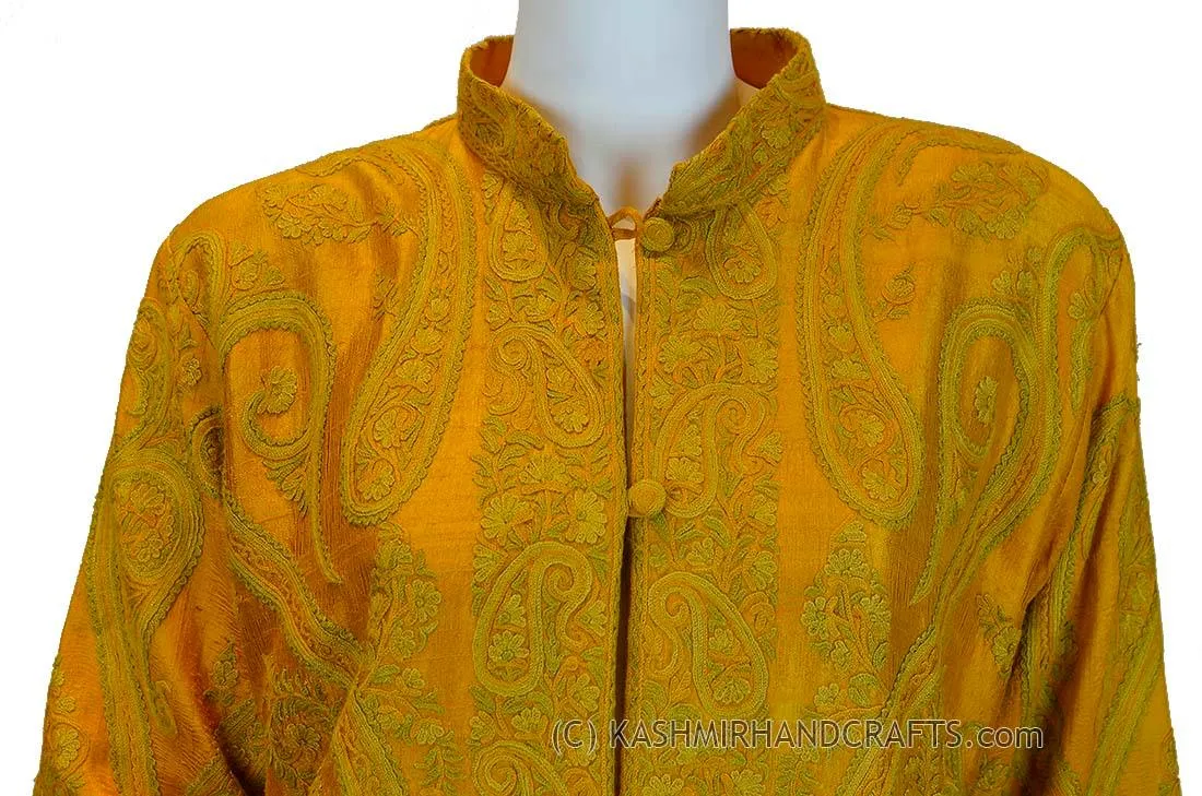 Orange Gold Silk Jacket Dinner Paisley Evening Dress Coat Hand Embroidered Kashmir
