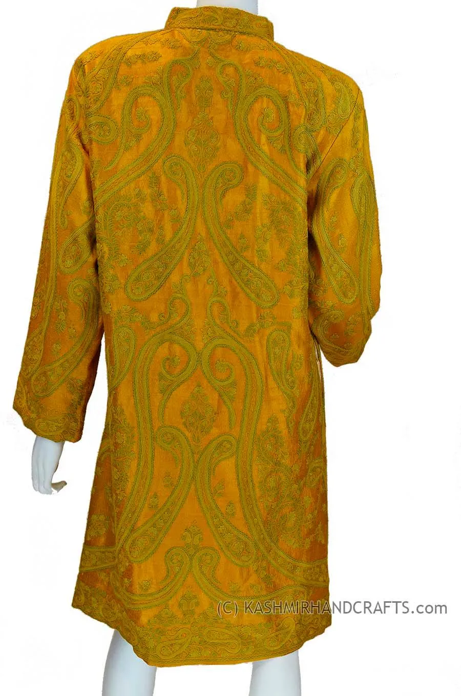 Orange Gold Silk Jacket Dinner Paisley Evening Dress Coat Hand Embroidered Kashmir