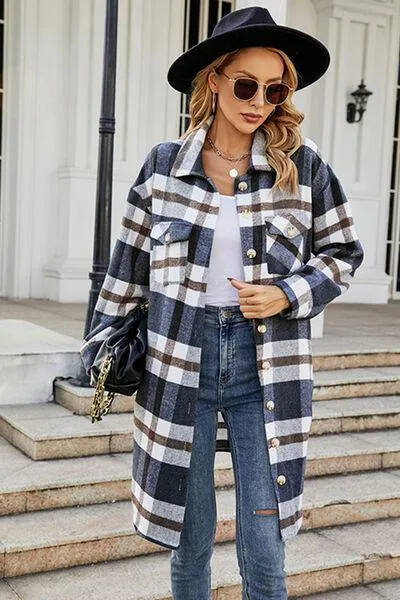 Plaid Button Up Collared Neck Jacket with Pockets
