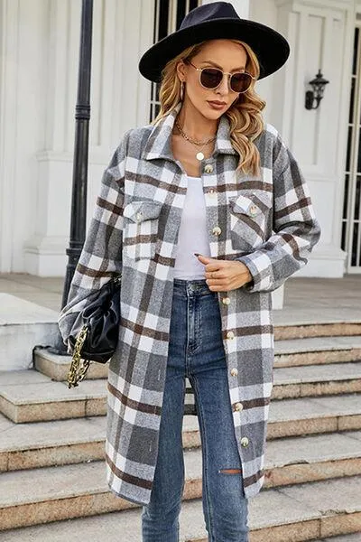 Plaid Button Up Collared Neck Jacket with Pockets