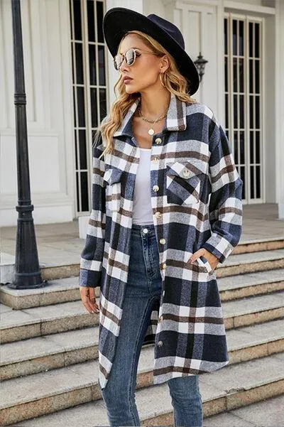 Plaid Button Up Collared Neck Jacket with Pockets