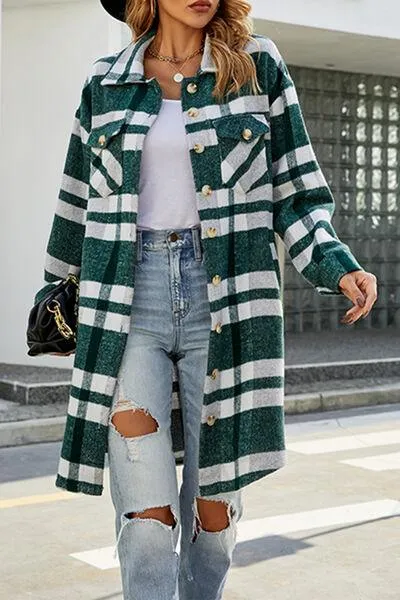 Plaid Button Up Collared Neck Jacket with Pockets