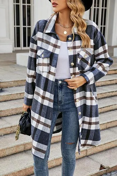 Plaid Button Up Collared Neck Jacket with Pockets
