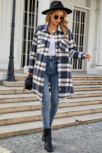 Plaid Button Up Collared Neck Jacket with Pockets