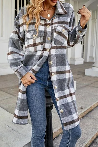 Plaid Button Up Collared Neck Jacket with Pockets