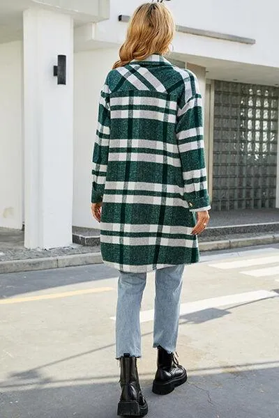 Plaid Button Up Collared Neck Jacket with Pockets